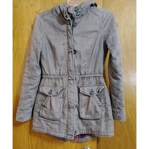 Hollister Sz Small Utility Jacket Full Zip Brown Pockets Hood Lined